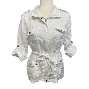Love Tree 100% Linen Large Zip Button Up Utility Jacket Drawstring Tie, Stained